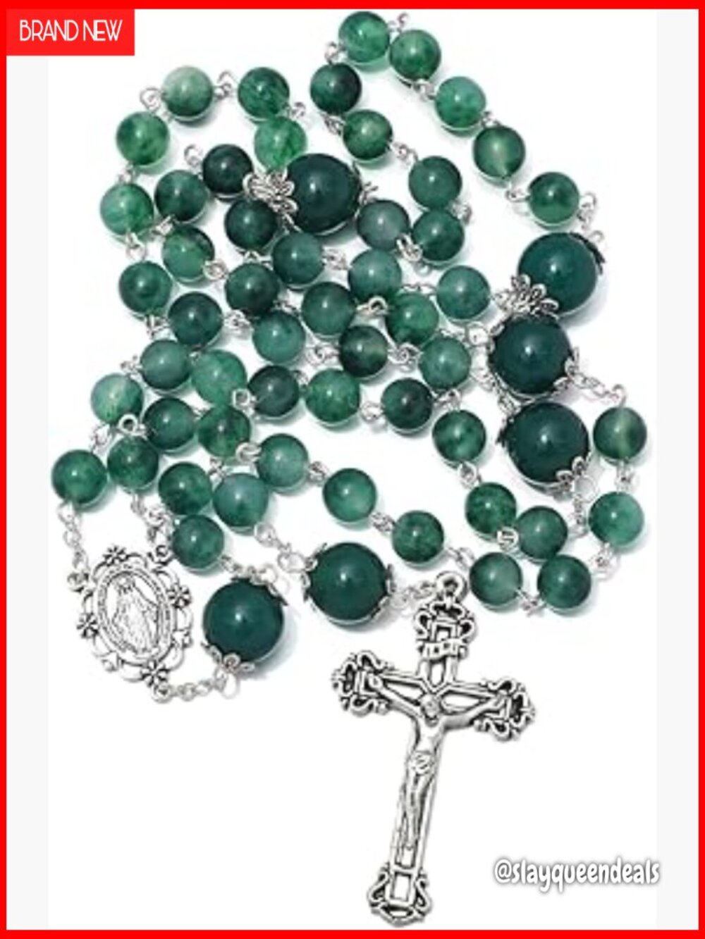 59 Green Stone Bead Rosary Necklace Catholic Prayer Gift